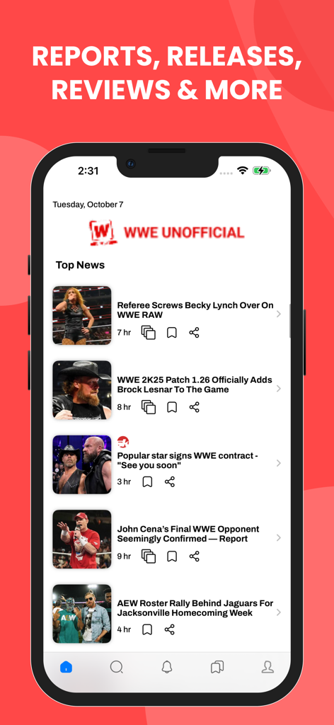 WWE非公式ニュースアプリのインターフェース。トッププロレスレポートと見出しのリストが表示されています。