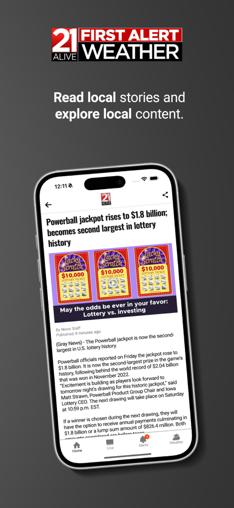 21Alive News - Écran d'iPhone affichant l'application 21Alive News avec un article d'actualité locale sur le jackpot Powerball