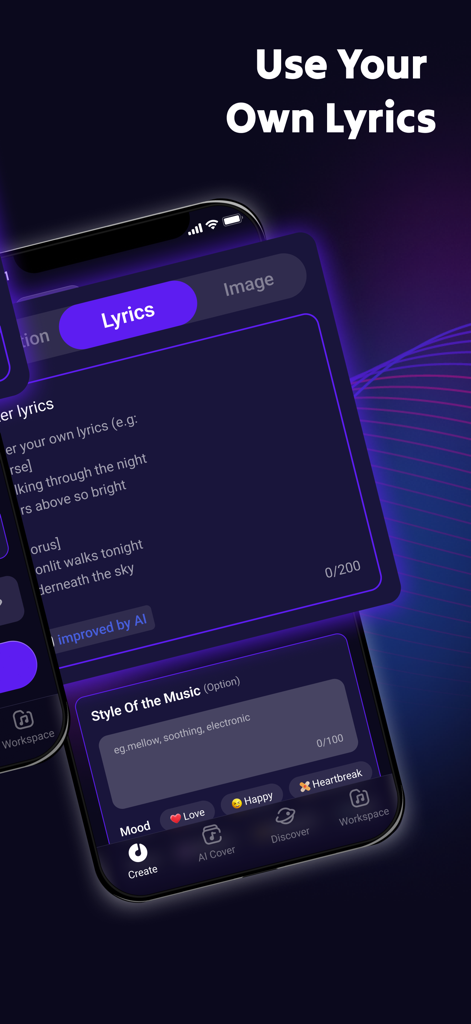 Pantalla de smartphone que muestra cómo introducir letras personalizadas y seleccionar estilos musicales para generar una canción usando IA en la aplicación Rythmix