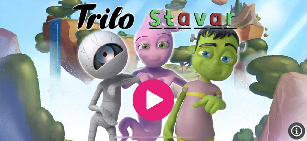 Trilo Stavar - Title screen of Trilo Stavar app featuring characters Sling, Spooka, and Frank in a whimsical world
