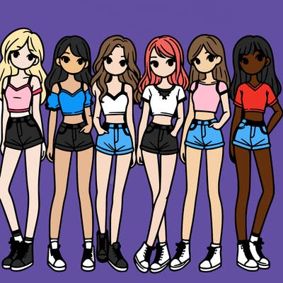 a group of girls wearing crop tops and shorts