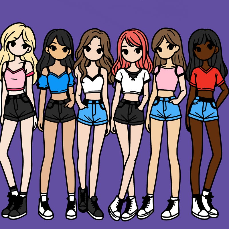 a group of girls wearing crop tops and shorts