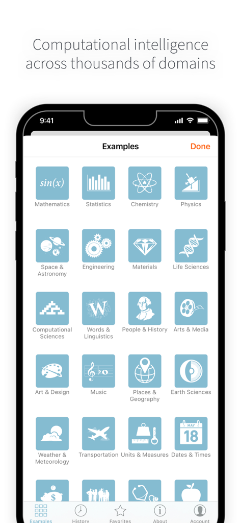 WolframAlpha Classic - WolframAlpha Classic app interface showing a variety of computational knowledge domains