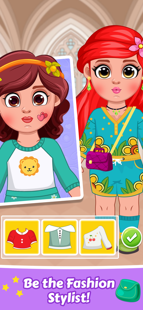Chibi Doll Dress Up Makeup - Una pantalla de juego de vestir muñecas Chibi con un personaje de cabello rojo y varias opciones de atuendo para un estilista de moda