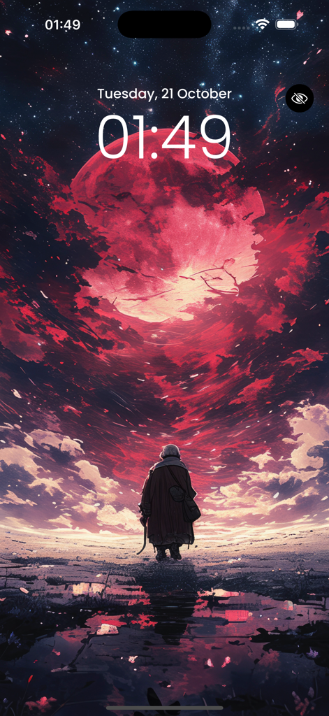 Anime Live Wallpaper 4K! - An anime character walking towards a massive red moon on a starry night lock screen background