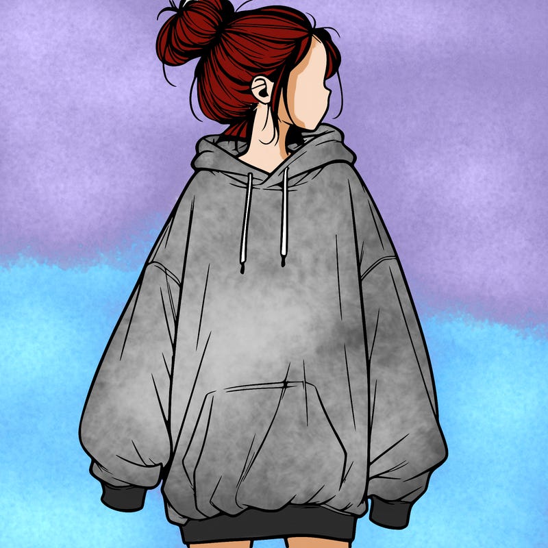 realistic girl with a oversized sweatshirt on and a bun