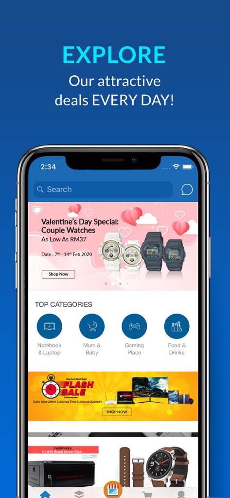 Lelong.my - Shop and Save - A mobile screen showing the Lelong.my app homepage with shopping deals and categories.