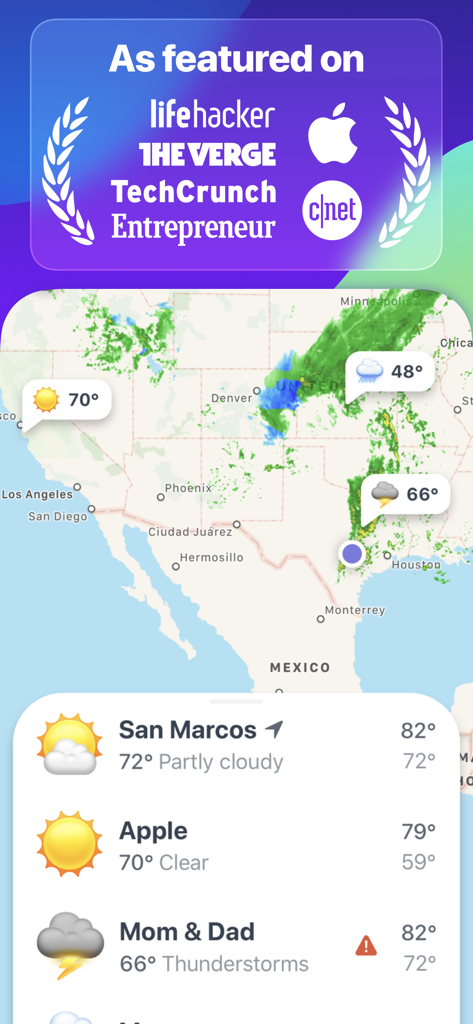 Interface do app Weather Up com logotipos da imprensa e mapa de radar meteorológico