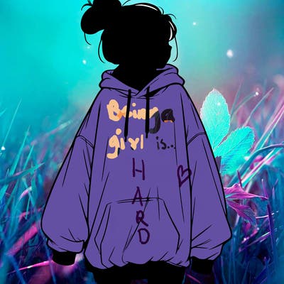 realistic girl with a oversized sweatshirt on and a bun