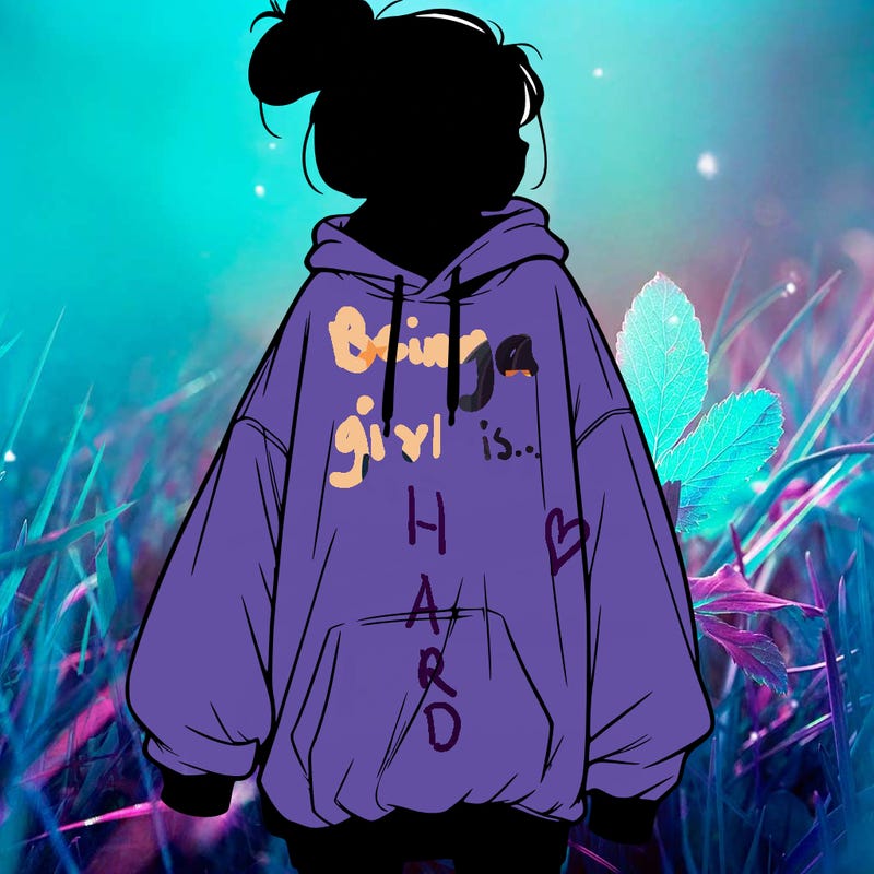 realistic girl with a oversized sweatshirt on and a bun