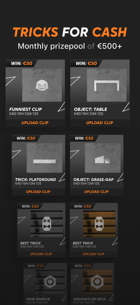 CityLegends: Skate BMX Parkour - CityLegends app screen showing monthly trick challenges with cash prizes