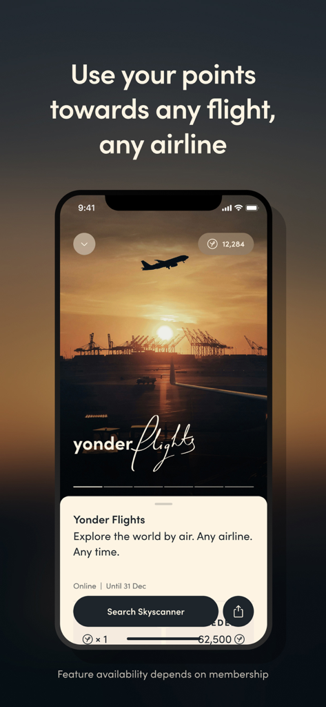 Yonder Rewards Cards - Mobile app screen showing Yonder reward points being used to book flights with any airline