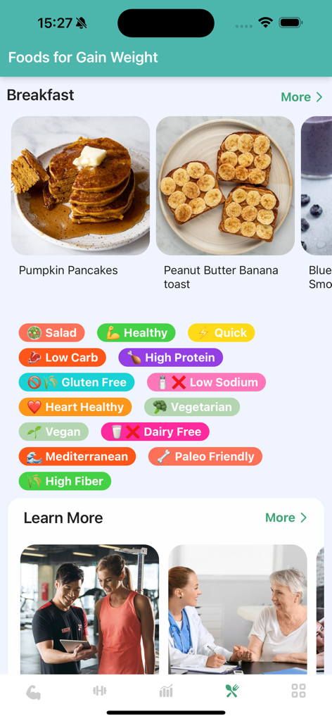 Arm Workout & Bicep Exercise#1 - Interfaz de aplicación móvil que muestra planes de comidas para aumento de peso, recetas de desayuno y etiquetas de preferencias dietéticas