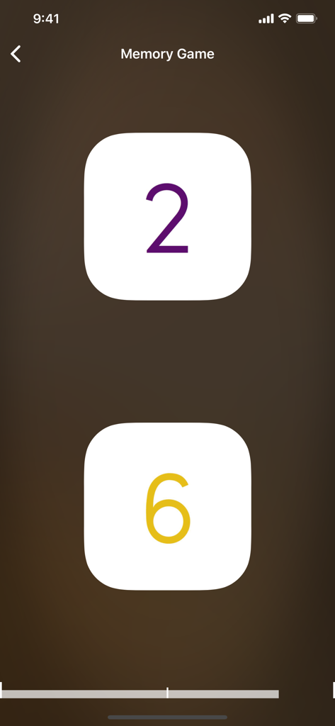 Screenshot eines Gedächtnisspiels in der Jiddisch-Lern-App, das zwei Karten mit den Zahlen 2 und 6 zeigt