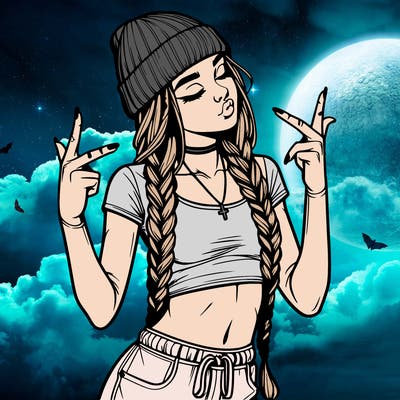 realistic teenage girl with braids and a beanie and crop top doing 🫶🏼