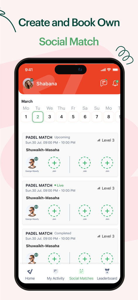 Mobile screen showing social padel match bookings with options to join upcoming games
