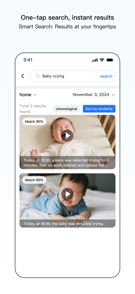 V360 Pro - V360 Pro App-Oberfläche mit intelligenten Suchergebnissen für die Erkennung von Babyweinen mit Videovorschauen