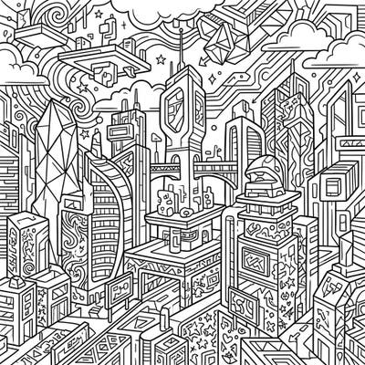 Explore a vibrant, futuristic metropolis with this detailed coloring page designed specifically for teens. Immerse yourself in a world of complex digital architecture, intricate patterns, and cool graffiti-inspired elements.