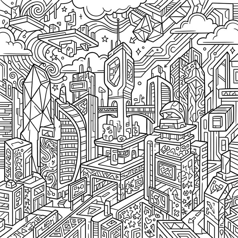 Explore a vibrant, futuristic metropolis with this detailed coloring page designed specifically for teens. Immerse yourself in a world of complex digital architecture, intricate patterns, and cool graffiti-inspired elements.