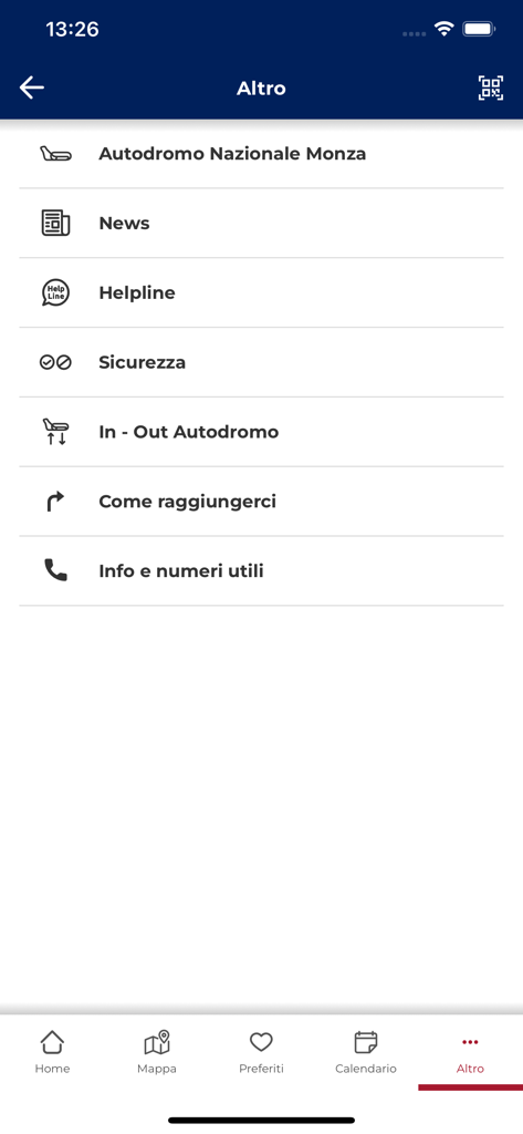 Monza Circuit - The additional options menu of the Monza Circuit app featuring news, helpline, security info, and directions to the track.