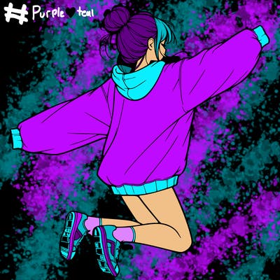 realistic girl jumping with a bun and oversized sweatshirt
