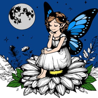 realistic fairy sitting on a flower looking at a moon