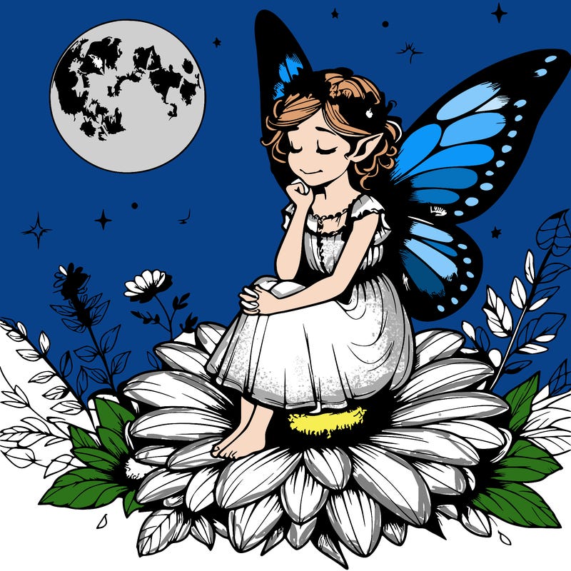 realistic fairy sitting on a flower looking at a moon