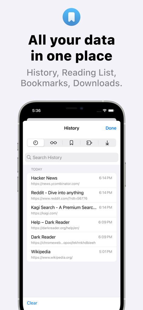 Orion browser interface showing history bookmarks and reading list on an iPhone