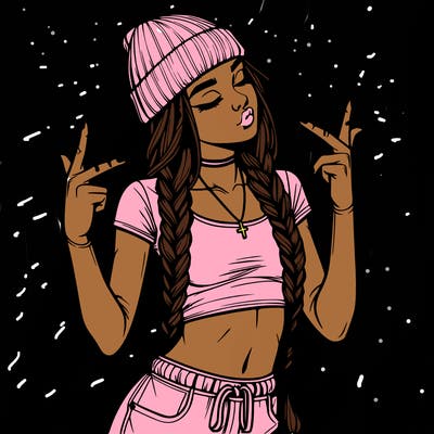 realistic teenage girl with braids and a beanie and crop top doing 🫶🏼