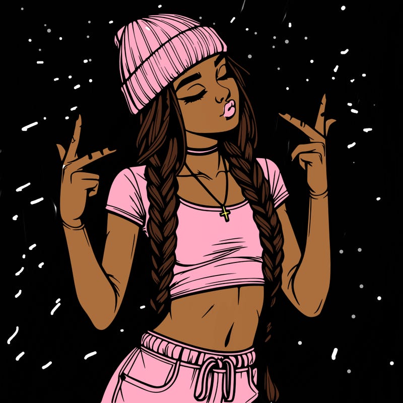 realistic teenage girl with braids and a beanie and crop top doing 🫶🏼