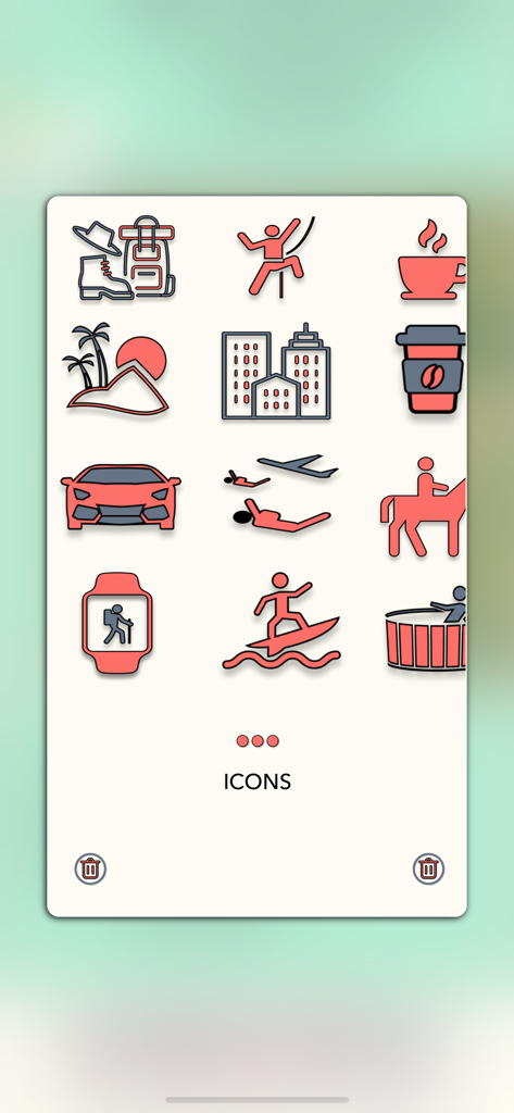 Travel Log App - Une collection d'icônes d'activités de voyage dans l'application, y compris la randonnée, le surf et les visites touristiques.