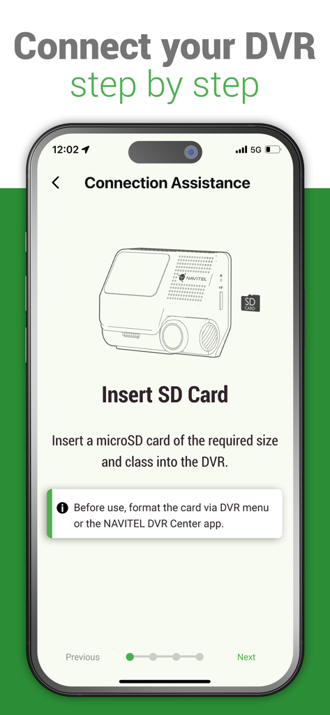 Navitel  DVR Center - Navitel DVR Center app screen showing step-by-step instructions to insert an SD card into a dashcam