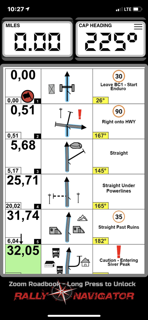 Digital rally roadbook interface showing tulip diagrams, distances, and compass heading for off-road navigation