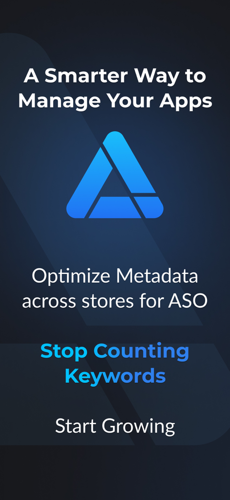 ASO.dev for AppStore Connect - ASO.dev 앱 스플래시 화면으로, 스마트한 앱 관리 및 ASO를 위한 메타데이터 최적화에 대한 텍스트 표시
