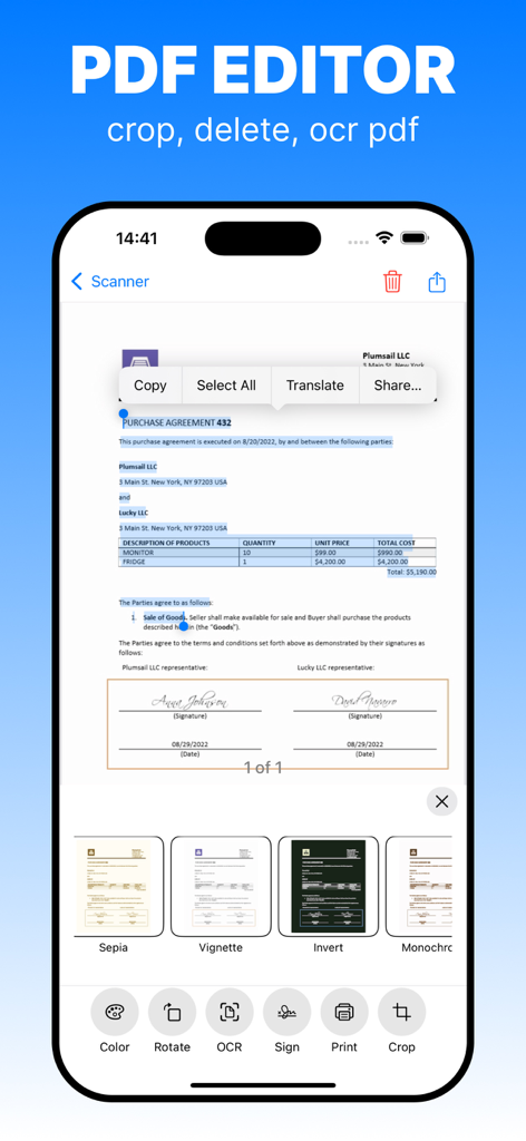 OCRテキスト選択とドキュメントフィルターを備えたPDF編集用のモバイルアプリインターフェース。