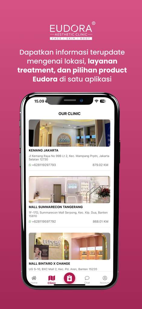 EUDORA AESTHETIC - Application Eudora Aesthetic montrant une liste d'emplacements de cliniques avec photos et adresses.