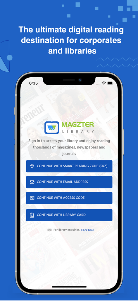 Magzter Libraryアプリのログイン画面。図書館カード、メール、またはアクセスコードでサインインするオプションが表示されています。