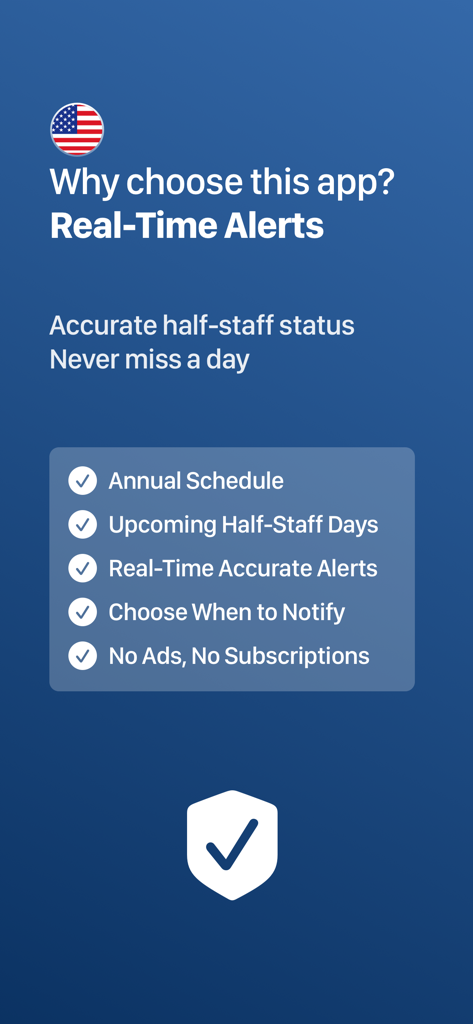 Half-Staff Flag Alerts - Promotional screen showing features of the Half-Staff Flag Alerts app including real-time status and no ads