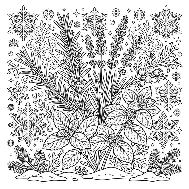 Discover the soothing blend of nature's best in this unique coloring page, where fragrant herbs meet the serene beauty of a winter wonderland. Perfect for a relaxing coloring session that evokes the crisp, cool air and earthy scents.
