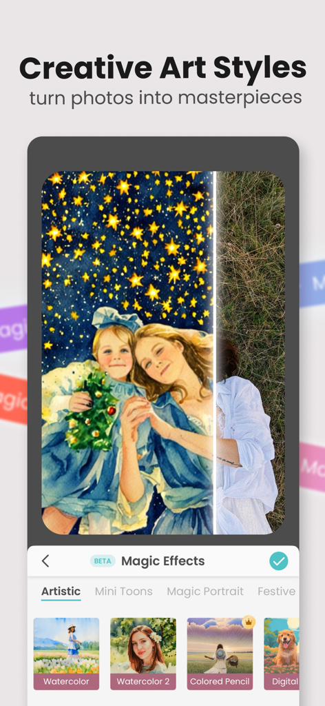 PicPartyアプリのスクリーンショットで、写真を水彩画のような傑作に変えるクリエイティブなアートスタイルと魔法の効果を表示しています。