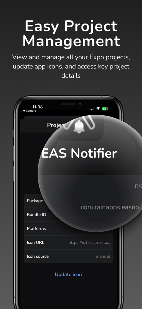 EAS Notifier - EAS Notifier mobile app interface showing Expo project management details and icon update options.