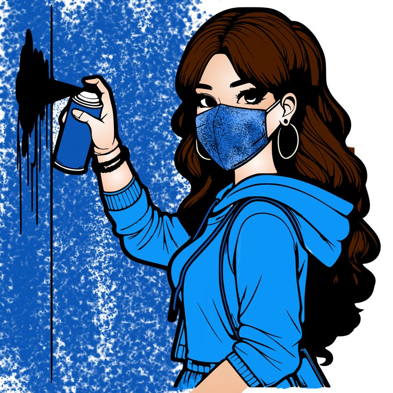 realistic girl with mask spray painting a wall