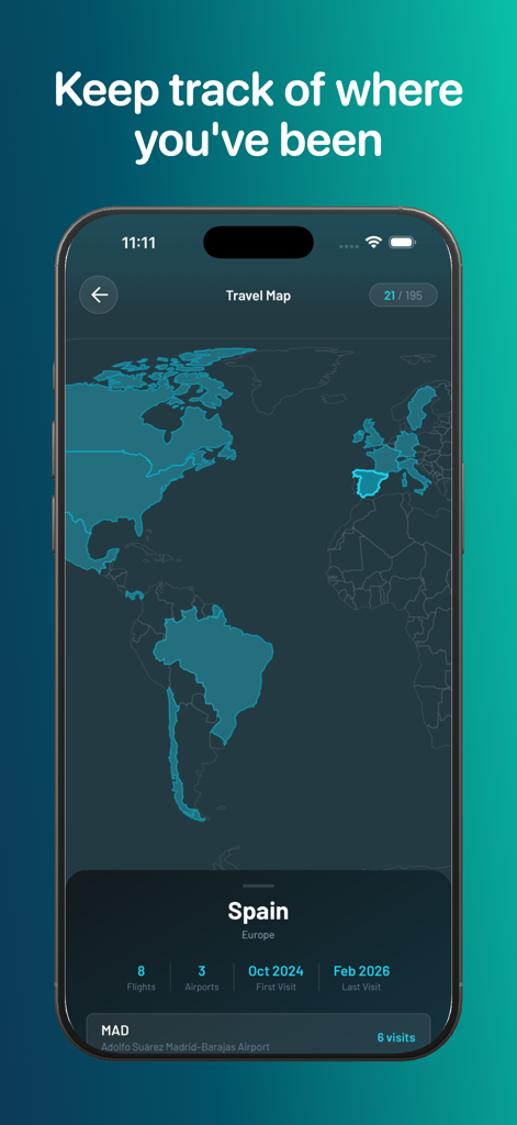 Fleet: Planes You’ve Flown - Fleet app interface showing a travel map with highlighted visited countries and flight statistics for Spain.