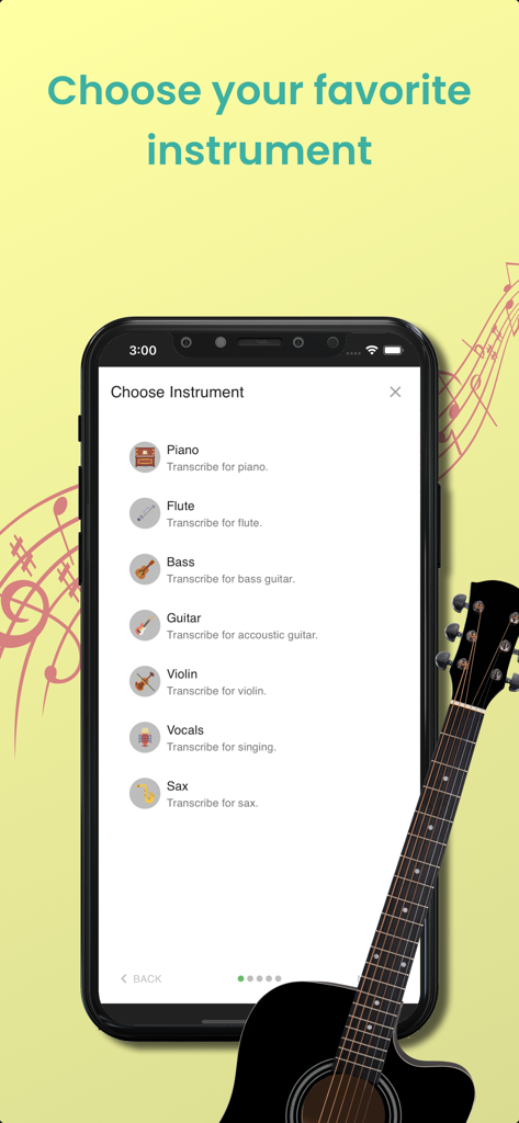 Tela do aplicativo Melody Scanner para selecionar instrumentos, incluindo piano, flauta, guitarra e violino para transcrição