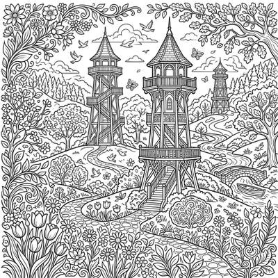 Embark on a delightful coloring journey through a vibrant spring landscape adorned with majestic observation towers. This intricate design invites you to fill a world bursting with blooming flowers, winding paths, and serene natural beauty with your chosen colors.