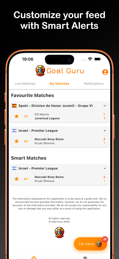 Goal Guru - Football Alerts - Goal Guru app interface showing a customized feed of live football matches and smart alerts