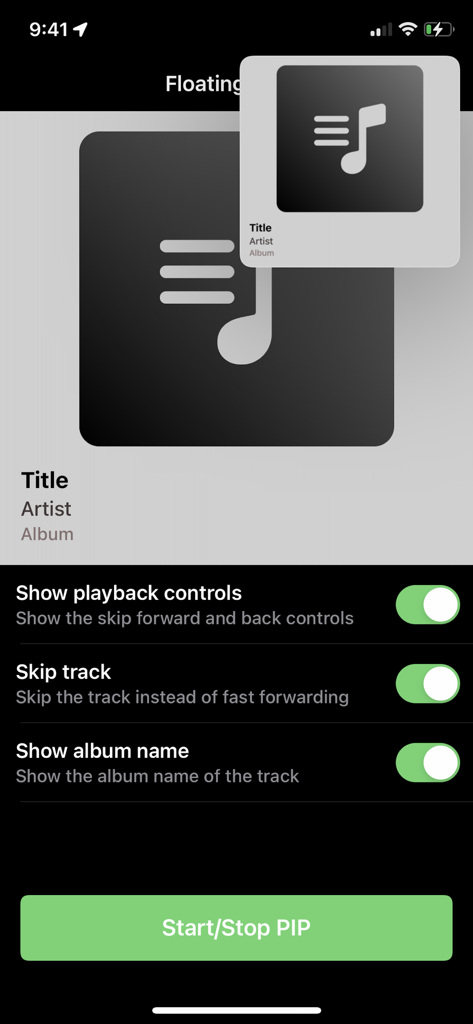 FloatingPlayer: Music Player - Settings screen for FloatingPlayer music app featuring picture in picture mode controls