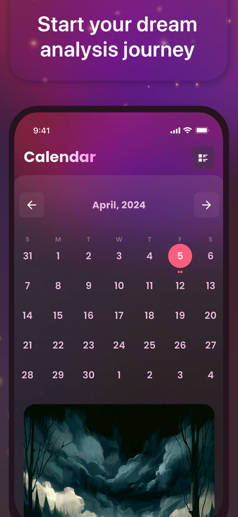 Dream Book: Journal & Analysis - Vista de calendario de la interfaz de la aplicación Dream Book para rastrear y organizar entradas diarias de sueños con ilustraciones artísticas.
