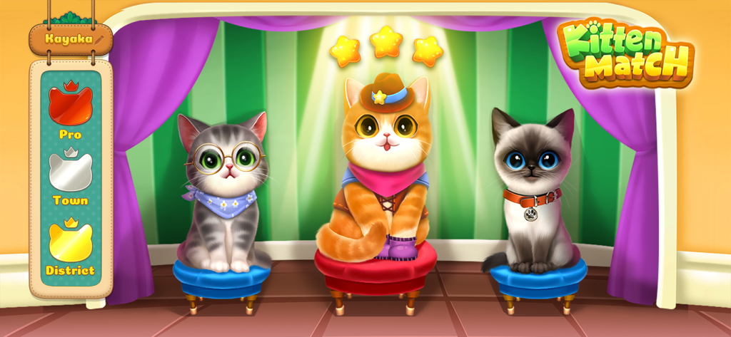Kitten Match - Three cute kittens dressed in colorful outfits and accessories sitting on stools