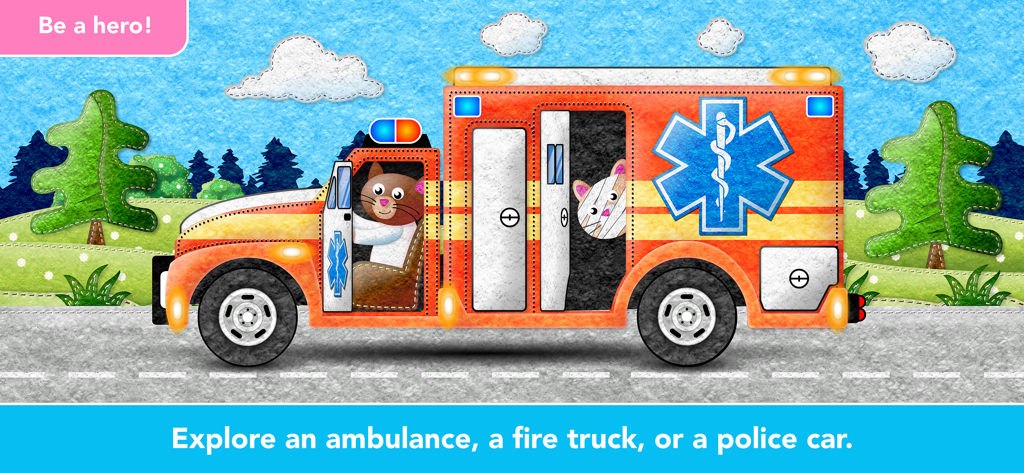 Ambulanza stilizzata con personaggi gatto in un gioco educativo per bambini